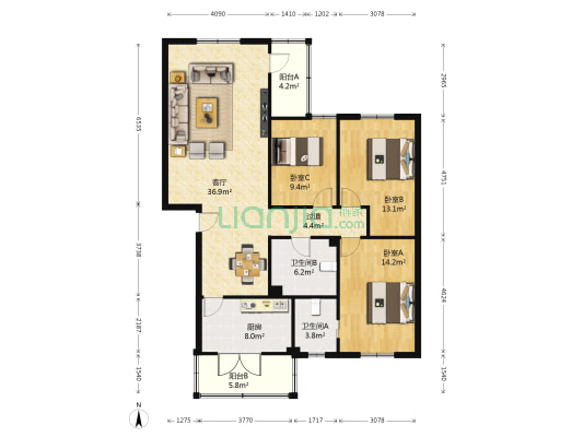 新鸿公寓 3室1厅2卫 121平方