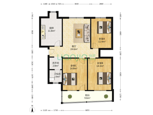 线路所小区 3室1厅2卫 101平方