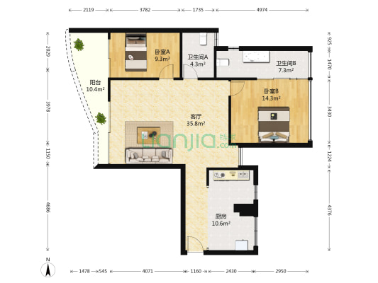万科金域蓝湾一期 2室1厅2卫 103平方