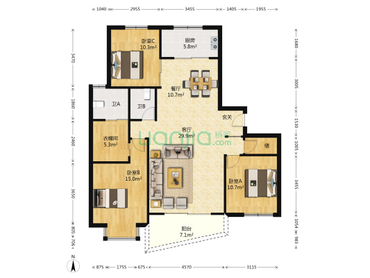 同人花园 3室2厅2卫 142平方