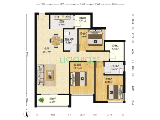 山水凤凰城 3室1厅2卫 122平方