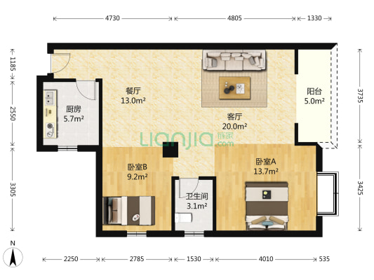 金州星城 2室2厅1卫 90平方
