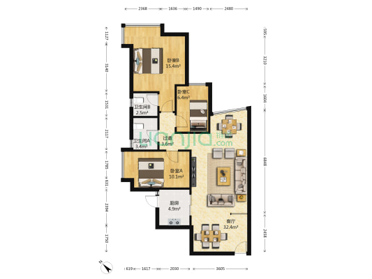 芳村花园 3室1厅2卫 108平方
