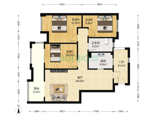 中华青城 3室1厅1卫 88平方
