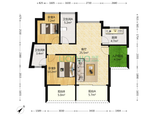方圆明月山溪 2室1厅2卫 82平方