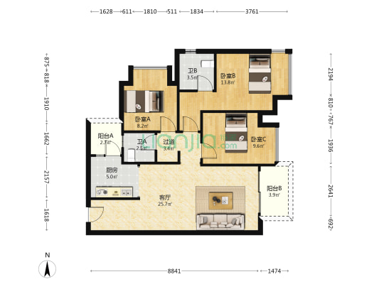 金辉彩湖云璟南区 3室1厅2卫 95平方