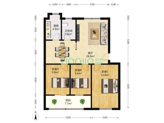 晖月小区 3室1厅1卫 96平方