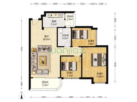 碧桂园城市花园花岸苑 3室1厅1卫 97平方