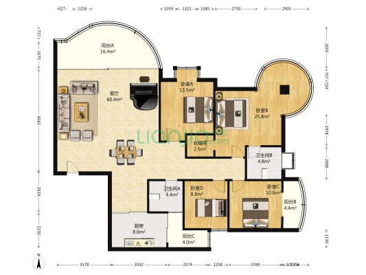贵山城市花园 4室1厅2卫 186平方