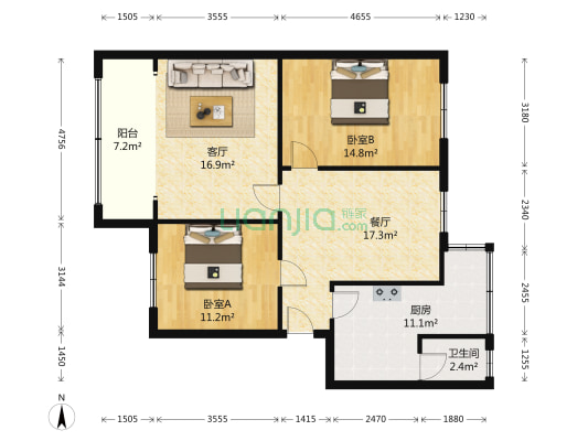 炉霍干休所驻双流干休所 2室2厅1卫 90平方
