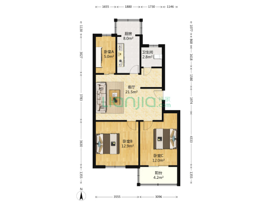 金纺园 3室1厅1卫 86平方