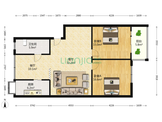三元公寓 2室2厅1卫 102平方