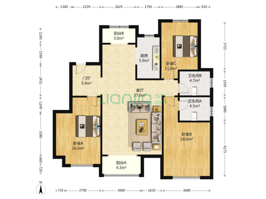 金汇湾儒香园 3室1厅2卫 140平方