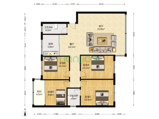 鸾东小区 4室2厅2卫 136平方
