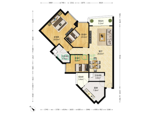 保利百合花园 3室1厅2卫 111平方