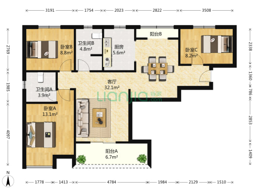 名士华府 3室1厅2卫 117平方
