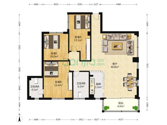 矿泉大厦 3室1厅2卫 135平方