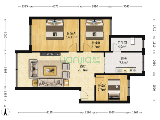 康发小区 3室1厅1卫 100平方