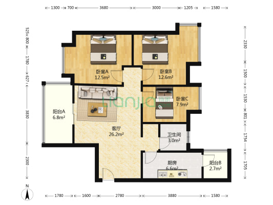 上东锦城B区 3室1厅1卫 89平方