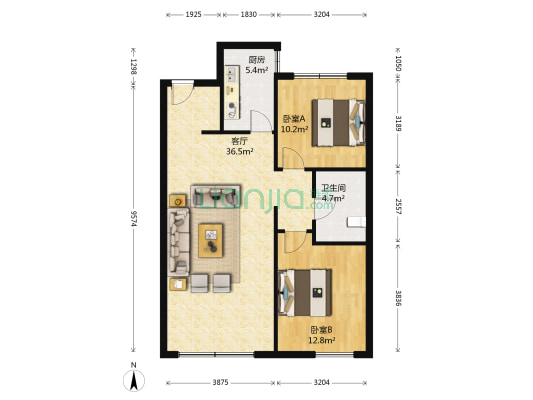 万科润园二期 2室1厅1卫 90平方