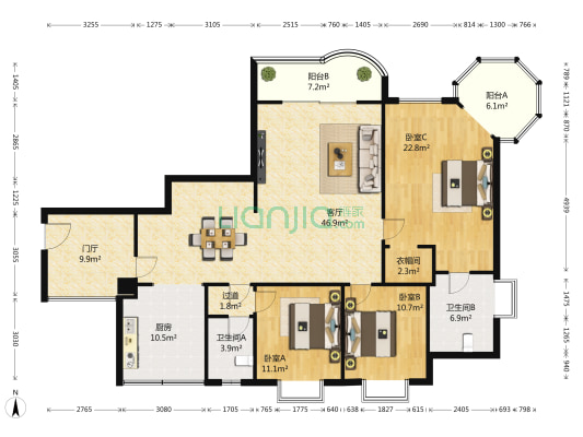 棕榈泉四期 3室1厅2卫 170平方