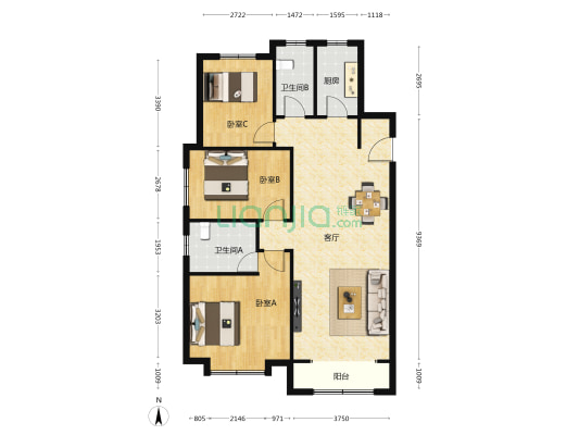 东风路十五栋 3室1厅2卫 119平方