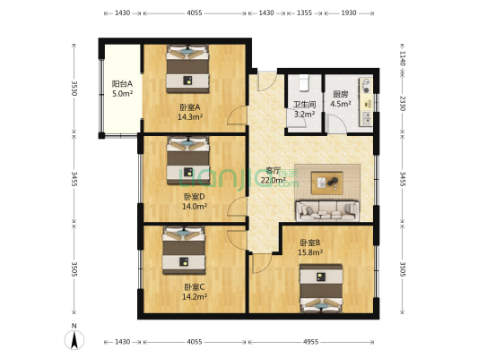 红光政府家属院 4室1厅1卫 105平方