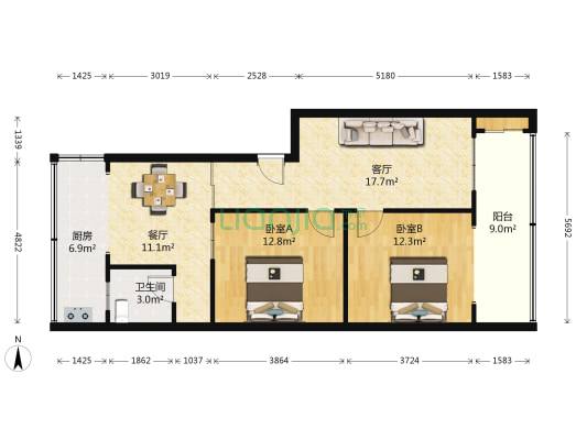 城东路243号院 2室2厅1卫 80平方