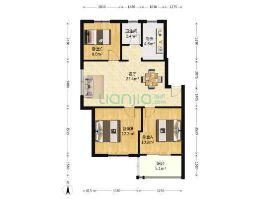 长房凤凰苑 3室1厅1卫 85平方