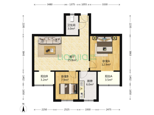 雁滩安居小区 2室1厅1卫 73平方