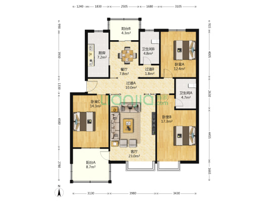 学府春天 3室2厅2卫 145平方