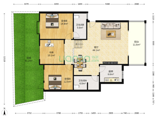 宏亚花园二期 3室1厅2卫 121平方