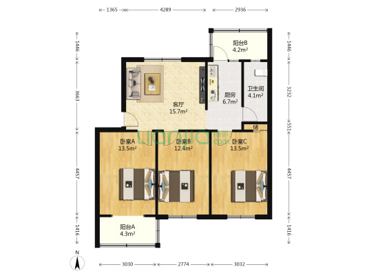 石油大学松园宿舍 3室1厅1卫 86平方