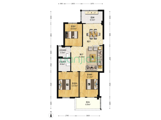 晋四小单位宿舍 3室1厅2卫 102平方