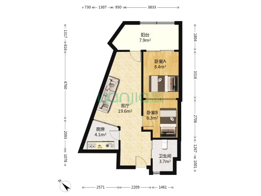 八十步海寓 2室1厅1卫 73平方