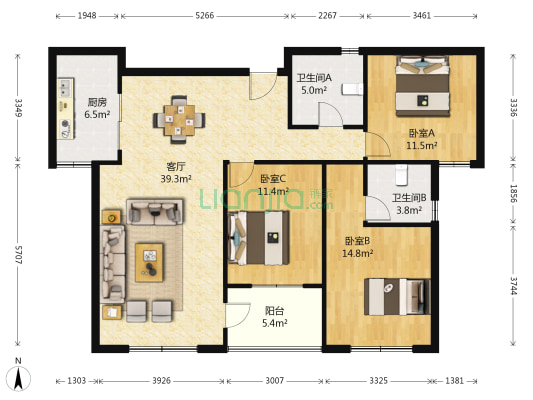 大园新城 3室1厅2卫 134平方