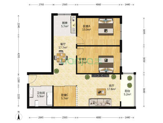 鞍順園 3室2厅1卫 111平方