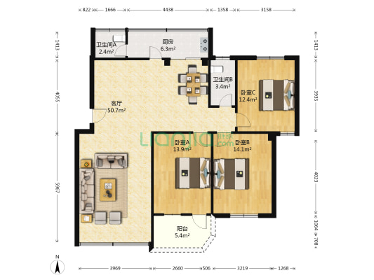 江湾一路 3室1厅2卫 126平方