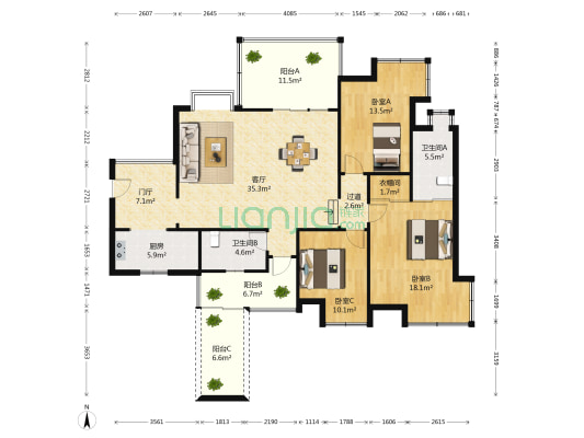 蓝光香瑞湖 3室1厅2卫 126平方