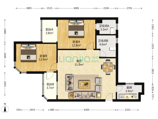 胜古家园 2室1厅2卫 117平方