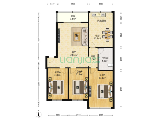 天兴花园二期 3室2厅1卫 128平方