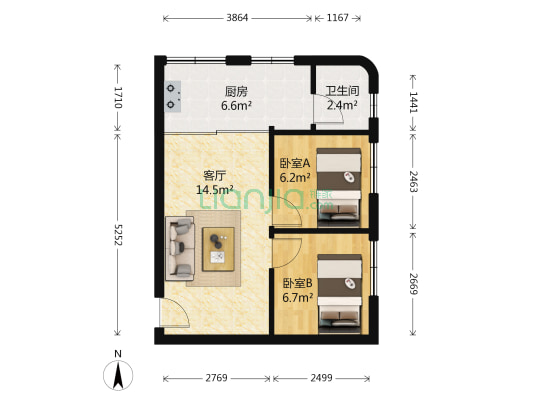 富丽家园华贵大厦 2室1厅1卫 48平方