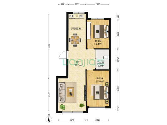 万龙北斗星城A区 2室1厅1卫 89平方