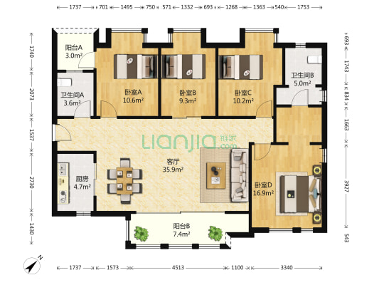 万科广场幸福里 4室1厅2卫 135平方