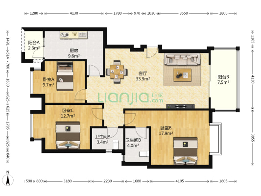 时代花城一期 3室1厅2卫 115平方