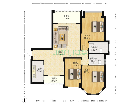 敏捷莱茵花园 3室1厅2卫 128平方