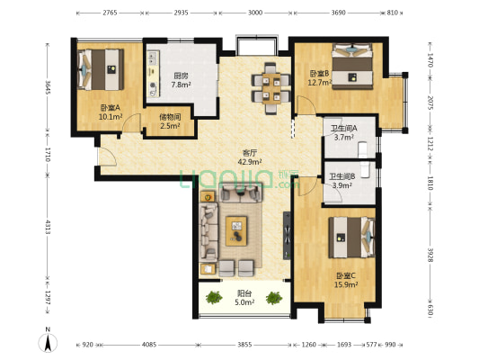 瑞城E区 3室1厅2卫 65平方
