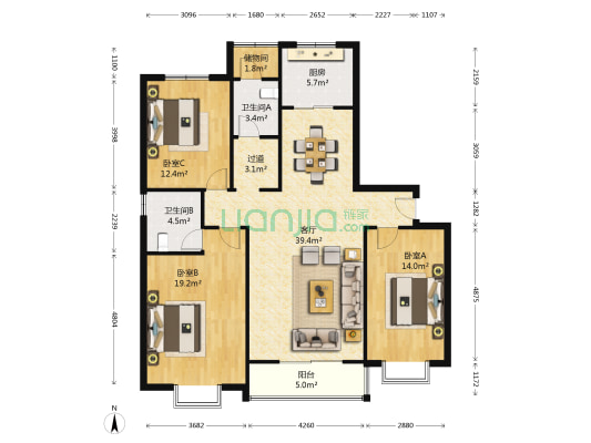 郑烟鸿城 3室1厅2卫 144平方