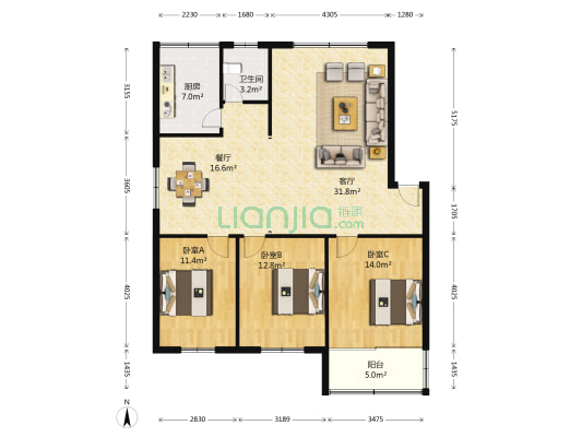 惠锦小区 3室2厅1卫 120平方