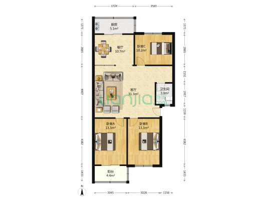 商都公寓 3室2厅1卫 118平方